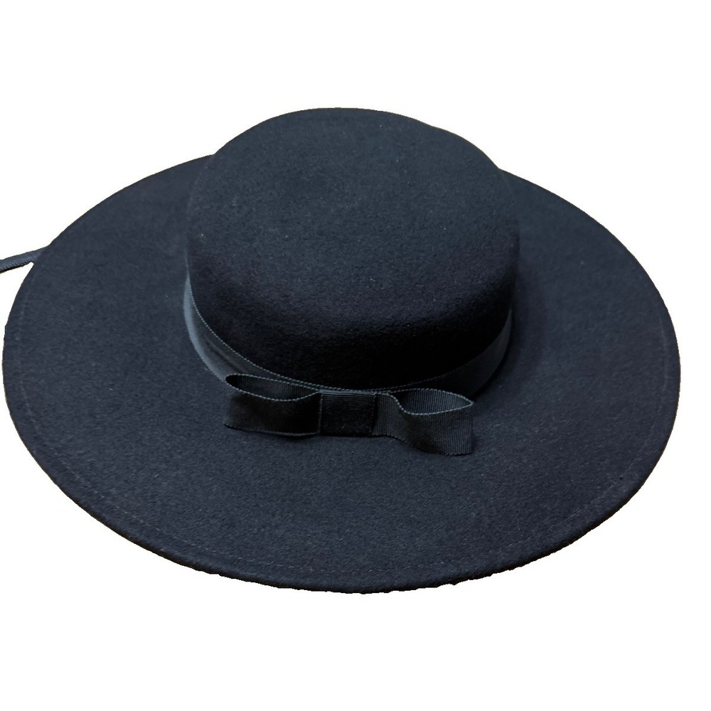 Vintage Sonni San Francisco Black Wool Felt Wide Brim Hat Flat Top Bow WPL 4384